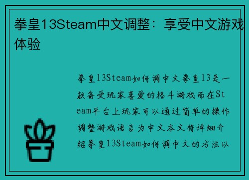 拳皇13Steam中文调整：享受中文游戏体验
